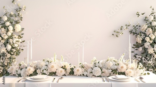 A romantic wedding reception setup with elegant table decor and fragrant flowers, creating a warm and inviting atmosphere against a pristine white background.