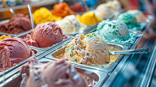 A display case filled with various ice cream flavors in metal cups, each with a spoon and a colorful topping ©  Riley