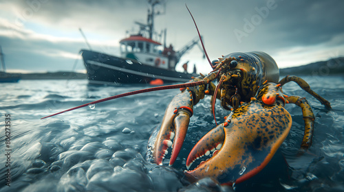 Cinematic view of a lobster with a fishing boat in the background photo