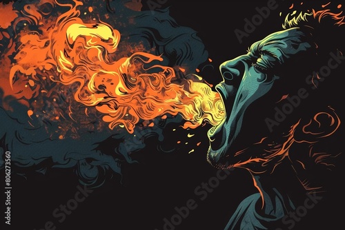 Horrorthemed tshirt design of Fiery breath illuminates the night as the fire breather commands attention, Vector Graphic Design photo