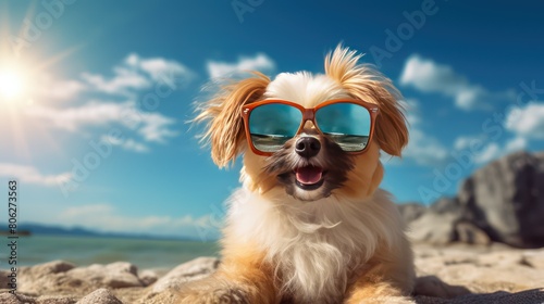 Chihuahua dog wearing sunglasses on the beach with blue sky