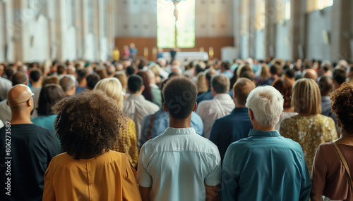 showing a diverse group of people gathered in a large church, listening attentively to a speaker at a religious conference, church, conference, with copy space photo