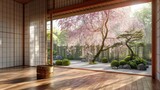 Wooden Japanese sliding window and beautiful weeping cherry tree outside 8k