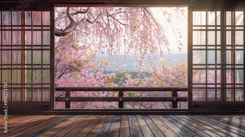 Wooden Japanese sliding window and beautiful weeping cherry tree outside 8k photo