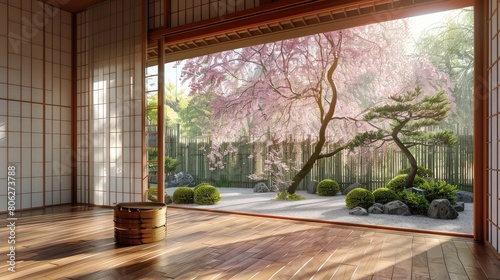 Wooden Japanese sliding window and beautiful weeping cherry tree outside 8k photo