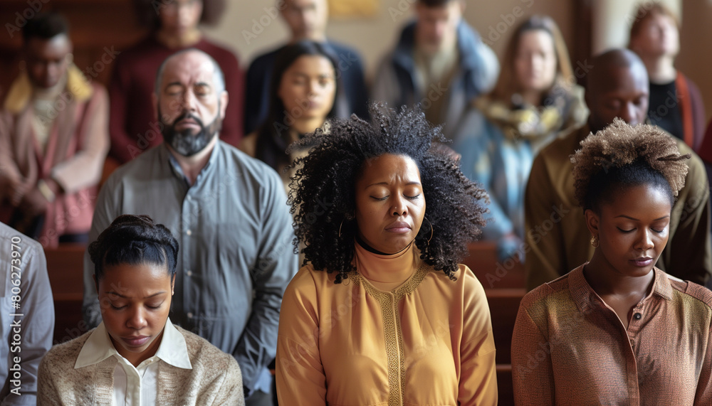 showing a group of people from different cultural backgrounds, united in prayer in a church setting, highlighting diversity and inclusivity, church, conference, with copy space