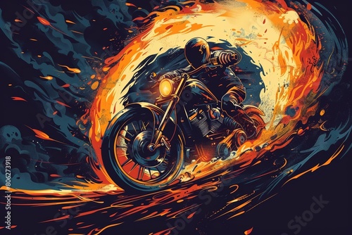 Horror themed t-shirt design of A motorcycle roars through a ring of fire photo