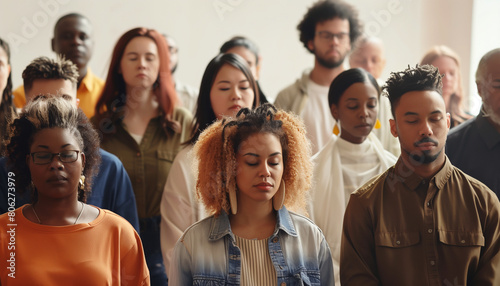 showing a group of people from different cultural backgrounds, united in prayer in a church setting, highlighting diversity and inclusivity, church, conference, with copy space