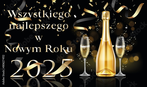 karta lub baner z życzeniami szczęśliwego nowego roku 2025 w złocie z butelką i dwoma kieliszkami szampana na czarnym tle z kółkami i serpentynami z efektem bokeh