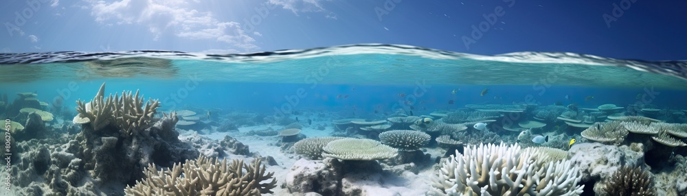 Naklejka premium A beautiful over-under photo of a blenched coral reef.