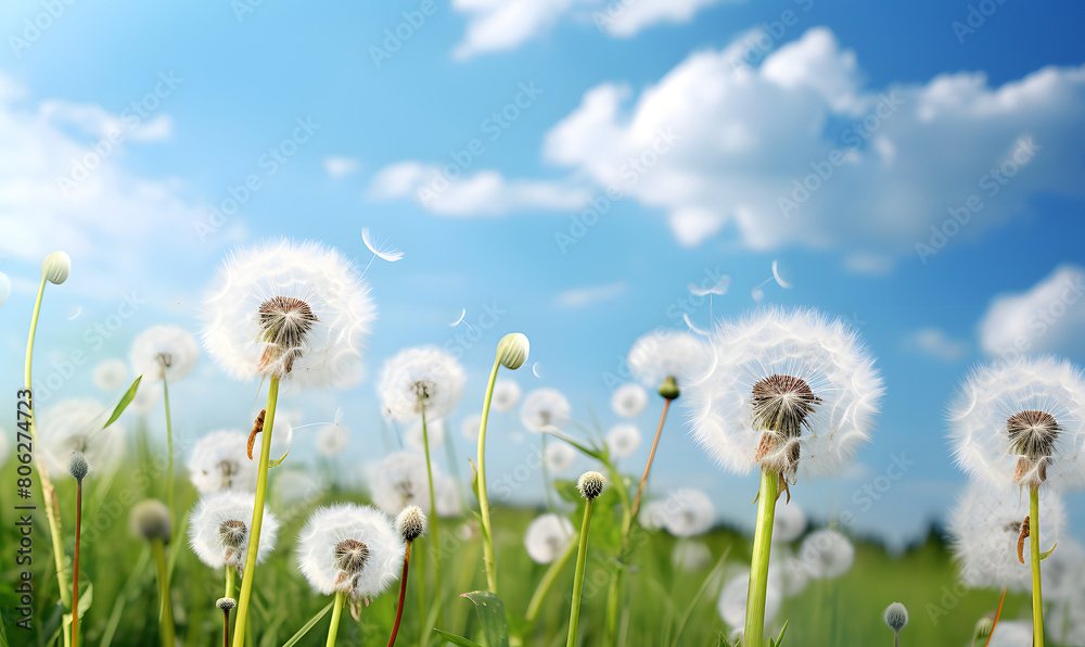 Fluffy white dandelions on a spring green meadow in clear weather. Fluffy white dandelions on a spring green meadow in clear weather.
