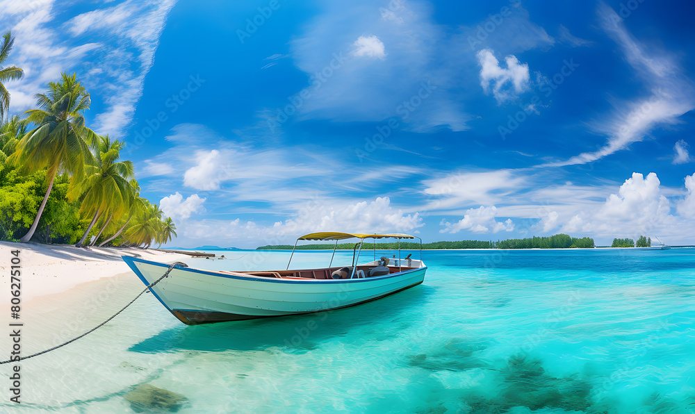 Naklejka premium Excursion motorboat at a sandy beach with palm trees. Beautiful panoramic tropical landscape with turquoise ocean and blue sky with clouds.