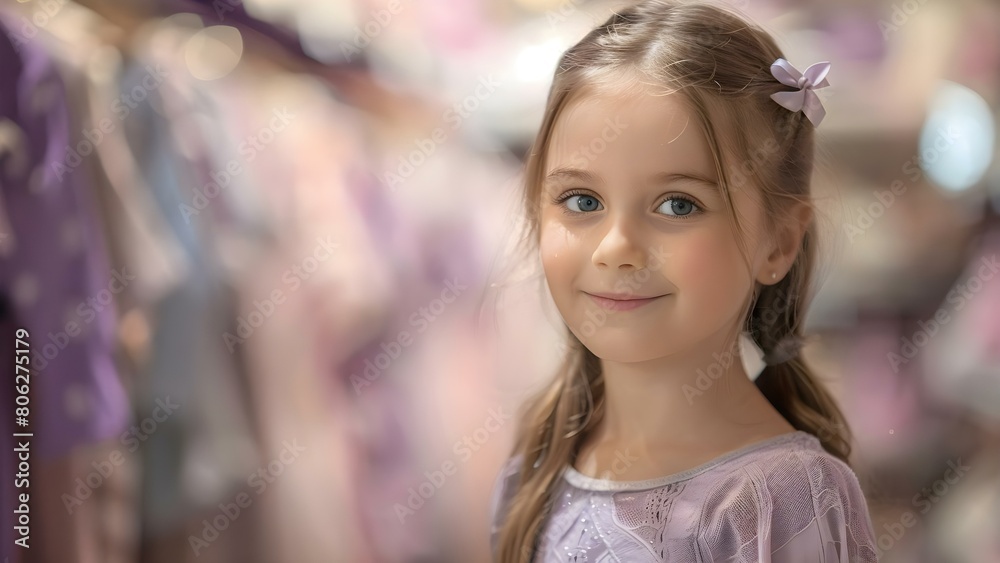 Cute Girl Surrounded by Stylish Children's Clothing in a Store. Concept Children's Fashion, Kids Shopping, Fashion Showcase, Stylish Outfits, Clothing Store Event