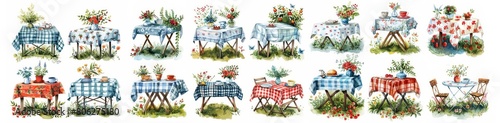 Picnic tablecloth clipart with a floral pattern collection set watercolor painting style on white background