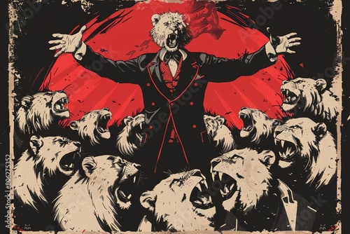 Horror themed t-shirt design of The lion tamer commands attention as ferocious beasts surround them photo