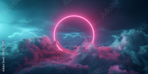 Glowing neon ring circle on a dark background with clouds or smoke. Decorative horizontal banner. Digital raster bitmap photo style illustration. Purple, pink and blue colors. AI artwork. 
