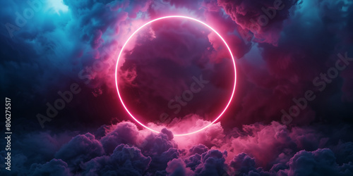 Glowing neon ring circle on a dark background with clouds or smoke. Decorative horizontal banner. Digital raster bitmap photo style illustration. Purple, pink and blue colors. AI artwork. 