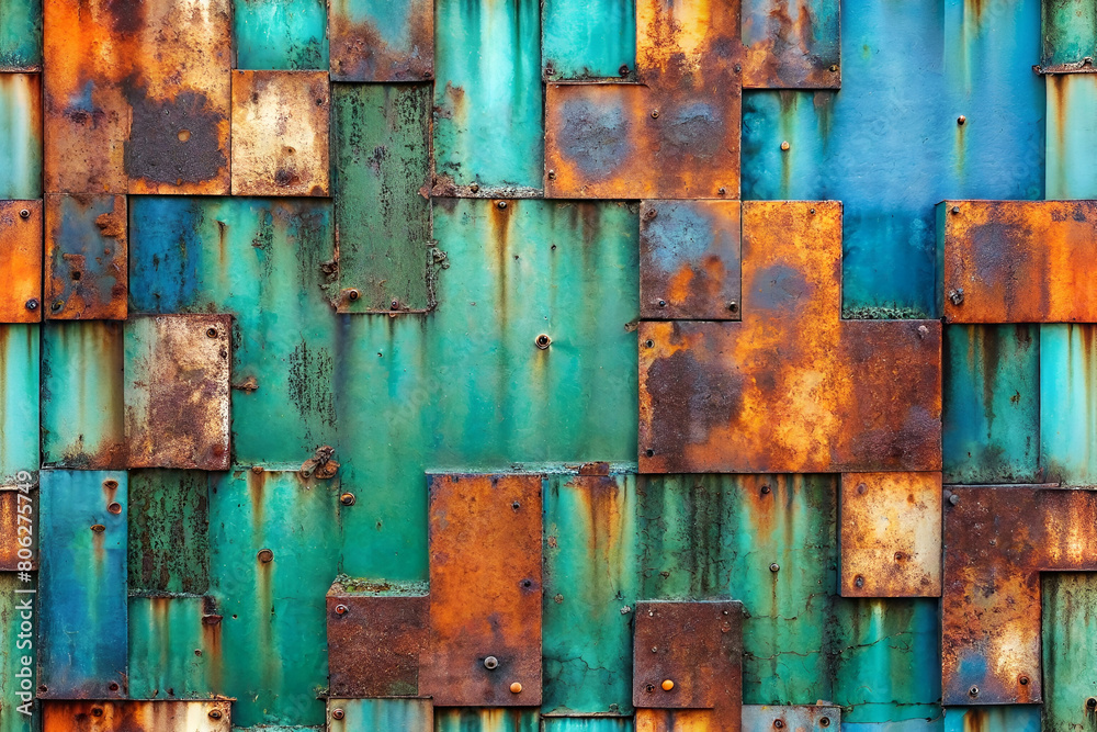 Artistic Rendering of Rusty Metal, with Patches of Bright Sky Blue and Grass Green Artistic Rendering of Rusty Metal, with Patches of Bright Sky Blue and Grass Green