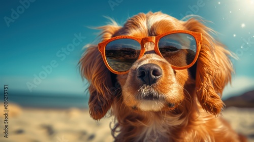 Cocker Spaniel dog with sunglasses on the beach. Close-up. © Bilal