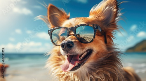 Chihuahua dog wearing glasses on the beach. Concept of travel and vacation. © Bilal