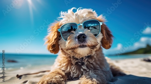 Cute dog with sunglasses on the beach. Summer vacation concept.