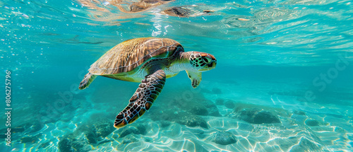 Graceful sea turtles glide effortlessly through vibrant turquoise waters, surrounded by shimmering reflections of sunlight.