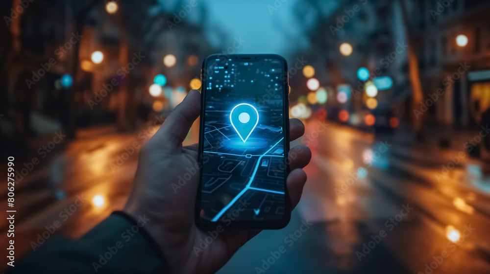 Location pin icon symbol sign on phone in the street showing the location, navigation online nowadays, map travel location Location pin icon symbol sign on phone in the street showing the location, navigation online nowadays, map travel location
