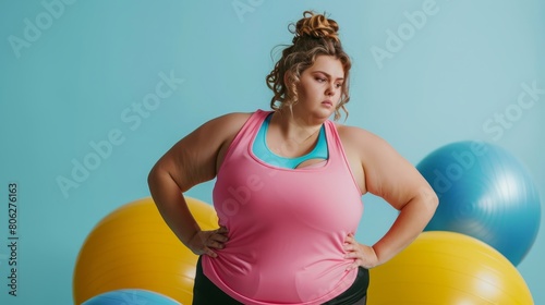 Fat woman in sportswear on blue background with colorful fitness balls © Олег Фадеев