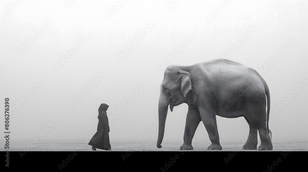 Obraz premium Minimalist black and white artwork of an elephant and a cloaked figure