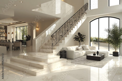 A modern white living room with a sleek marble staircase and intricate iron railing  blending contemporary and classic elements seamlessly