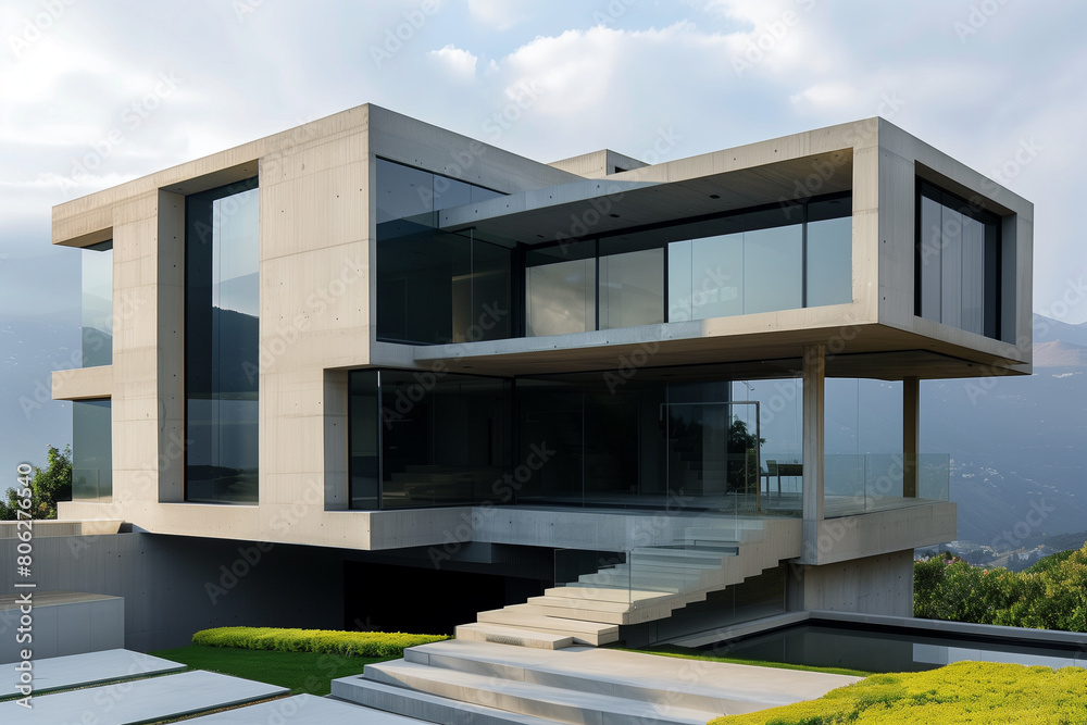 Minimalist architectural marvel. Concrete, steel, and glass facade