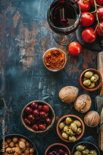 vertical banner, Portugal day celebration, traditional Portuguese dishes, national Portuguese cuisine, wine snacks, top view, dark background, copy space for text