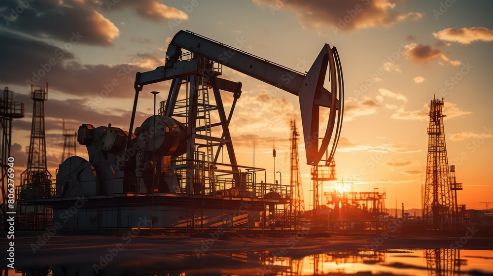 Oil drilling rig in oilfield at sunset. Oil industry equipment.