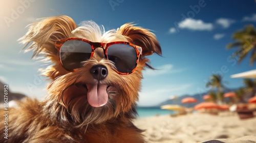 Yorkshire Terrier dog in sunglasses on the beach. Summer vacation concept