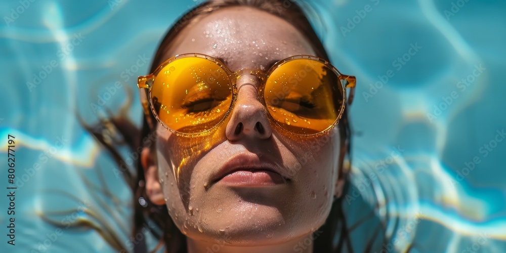 Fototapeta premium Woman Wearing Yellow Sunglasses Floating in Pool