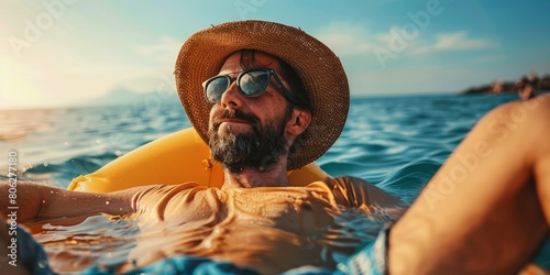 Man in Hat and Sunglasses Floating in Ocean