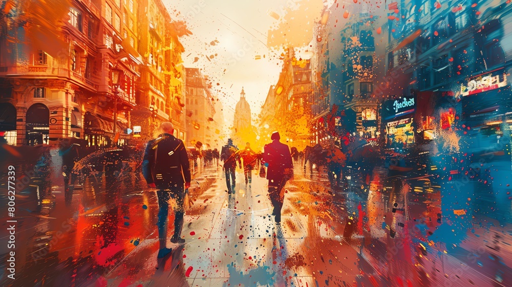 Obraz premium Impressionist painting of a busy city street with people walking in the rain.