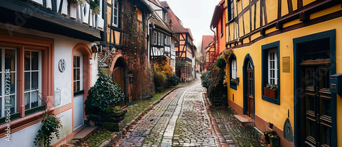 Charming German village with traditional halftimbered houses and cobblestone streets in a picturesque setting. photo