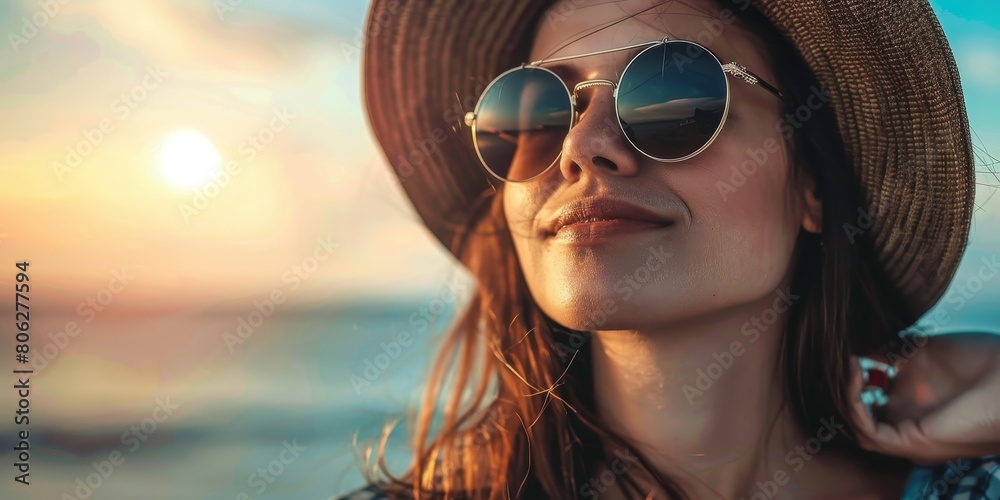 Woman Wearing Hat and Sunglasses on Beach Woman Wearing Hat and Sunglasses on Beach