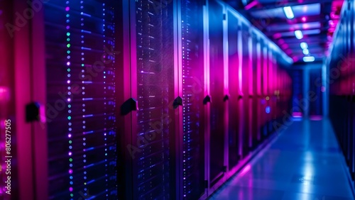 Organized computer servers in data center poised for data processing. Concept Data Center Organization, Server Management, Data Processing Efficiency