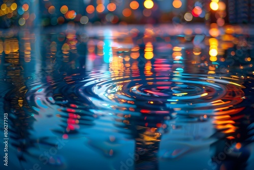 Tranquil Night City Skyline Reflected in a Sparkling Pool of Water