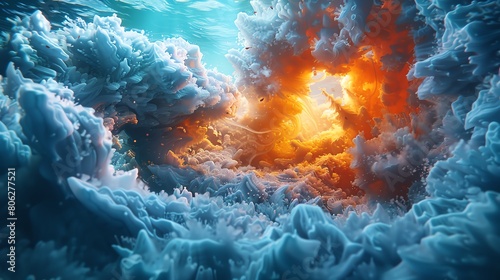 A beautiful abstract painting of an underwater scene. The painting is full of vibrant colors and swirling shapes. It is reminiscent of the work of J.M.W. Turner.