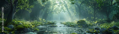 A beautiful and serene landscape with a river flowing through a lush green forest