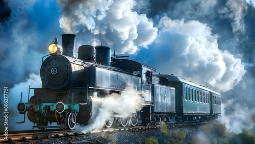 Steam Locomotive Chugging Along Tracks with Smoke and Steam Emitting from Stacks. Concept Vintage Trains, Steam Engines, Train Photography, Historical Transportation