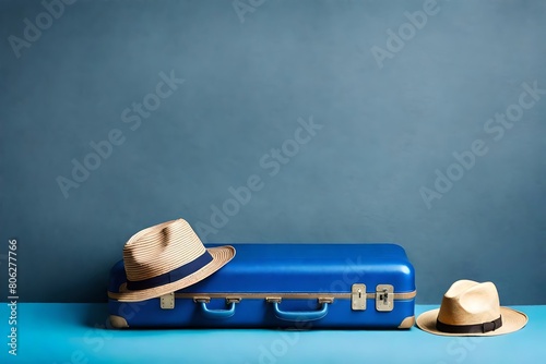 Blue suitcase and hat on the floor.
