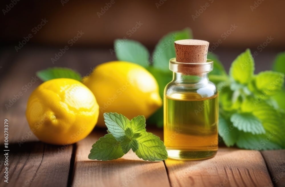 a small transparent glass bottle of melissa oil on a wooden table, fresh green melissa leaves and lemon fruit, eco-friendly medicinal solution, natural background, sunny day a small transparent glass bottle of melissa oil on a wooden table, fresh green melissa leaves and lemon fruit, eco-friendly medicinal solution, natural background, sunny day
