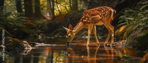Peaceful deer sipping from a serene forest stream, showcasing nature's grace and tranquility.