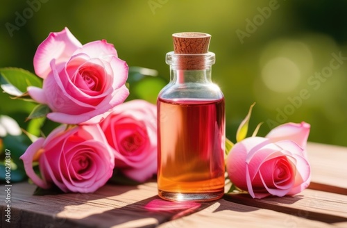 small transparent glass bottle of rose oil on a wooden table, fresh pink flowers, eco-friendly medicinal solution, natural green background, sunny day