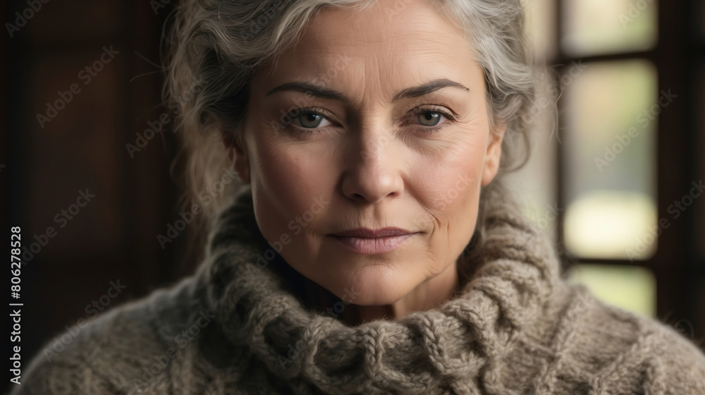 Close-Up Portrait of a Mature Woman with Silver Hair Wearing a Cozy Chunky Knit Sweater by the Window Close-Up Portrait of a Mature Woman with Silver Hair Wearing a Cozy Chunky Knit Sweater by the Window