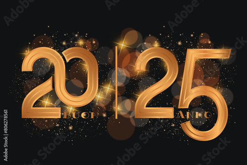 biglietto o banner per augurare un felice anno nuovo 2025 in oro e nero su sfondo nero con cerchi con effetto bokeh photo